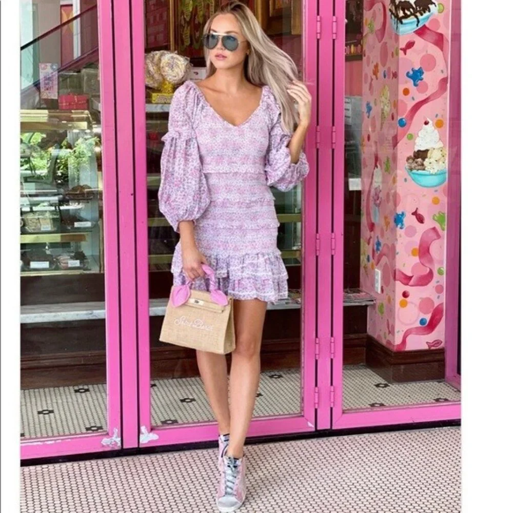 LoveShackFancy Ensley Mini Dress Candy Heart Smocked Puff Sleeve S